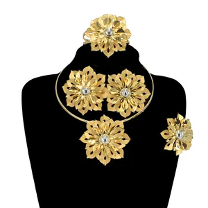 Yuminglai FHK13401 Factory Crystal Necklace Pendant Luxury 24K Real Gold Diamond Necklace Sets 18K Gold Plating Jewelry Set