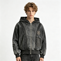 Dirty Spray Streetwear Sweat à capuche zippé gris foncé, délavé vintage, patchwork vieilli, coupe épaisse, avec bordure côtelée, pour homme