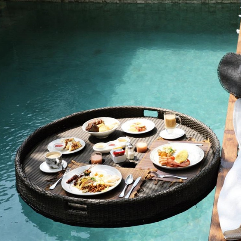 Swimming pool floating breakfast tray water basket rattan party serving tray
