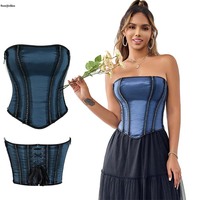 10 arêtes de poisson soutenu Satin sans bretelles Crop femmes grande taille Xs S M L XL bleu marine paillettes corset haut avec fermeture éclair