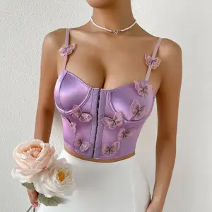 Purple Butterfly Corset Crop Tops Bustier Retro Ladies Clothing Woman Padded Cami Sexy Crop Summer Casual Top