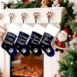 Calcetín Navideño de Terciopelo Azul Marino de Lujo con Pata de Perro Bordada, Bolsa de Regalo Navideña Divertida para Mascotas, Decoración para Árbol de <span class=keywords><strong>Navidad</strong></span> - Product Image 1