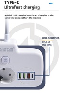Multiprise EU Schuko à trous ronds avec interrupteurs individuels, prises USB PD Type-C, rallonge pour l'Espagne et l'Allemagne