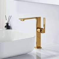 Grifo de Lavabo Cuadrado de Latón de Alta Calidad con Diseño Creativo, Acabado Dorado Cepillado, Grifo de Cascada Duradero y Alto