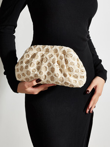 French Hollow Woven Cloud Clutch <b>Bag</b> Vacation <b>Straw</b> Braided Ruched Handbag Women Casual Party Hand Purse - Product Image 1