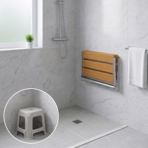 CAMEL Wall Mounted <b>Folding</b> Bathroom <b>Stool</b> 340x408x48mm Stainless Steel Oak With Handrails For <b>Showering</b> And Bathing - Product Image 4