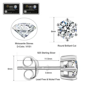 KRKC 도매 VVS1 0.5ct0.6ct0.8ct1.0ct925 스털링 실버 다이아몬드 남성 귀걸이 모이사나이트 웨딩 스터드 신부를 위한 귀걸이