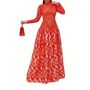 Vestido maxi de cuello alto estampado para mujer, de manga larga, ajustado, con estampado voluminoso, a la moda - Product Image 5