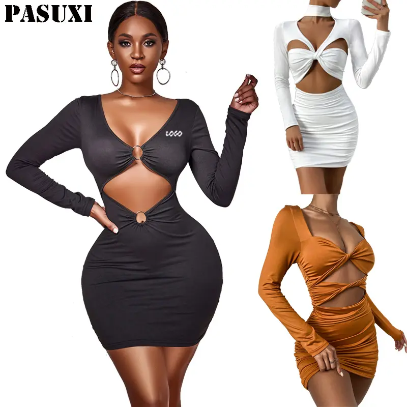 PASUXI Solid Color Long Sleeve Cut Out Dresses Women Clothing One Piece Set Sexy Fashion Ladies Casual Dress
