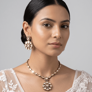 Elegant Brass Gold Plated Kundan Polki Floral Pendant Necklace Set <b>Rope</b> Matching Drop Earrings Traditional Indian Bridal Party - Product Image 4