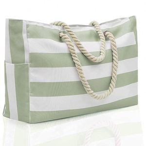 Bolsa de Compras de Lona Ecológica con Logotipo Personalizado, Estilo Bohemia, Gran Capacidad, Asas de Cuerda, Rayas, para la Playa, para Mujer - Product Image 3