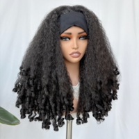 Perruque synthétique longue sans colle, noire naturelle, bouclée afro avec pointes frisées, style bandeau, pour femmes