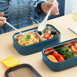 Hai Lớp Bento <span class=keywords><strong>Box</strong></span> cho trẻ em & người lớn, không bị rò rỉ bằng thép không gỉ Hộp Ăn Trưa với có thể tháo rời ngăn, máy rửa chén an toàn - Product Image 2