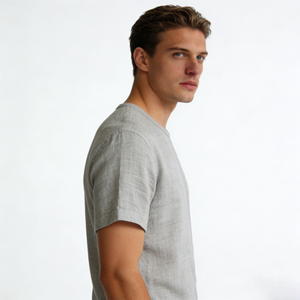 <span class=keywords><strong>T</strong></span>-shirt casual da uomo girocollo grigio chiaro in lino tinta unita, vestibilità comoda, traspirante, ecologica, leggera, per tutti i giorni - Product Image 3