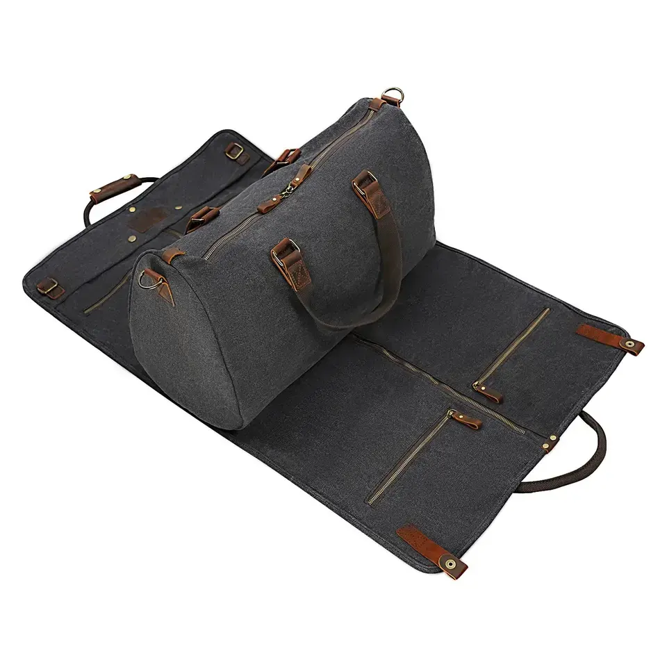 旅行や出張用のショルダーストラップ付きカスタム2in1キャンバスレザースーツラゲッジガーメントバッグ