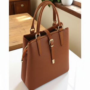 Classic <b>Tan</b> <b>Handbag</b>. Structured work tote with top handles and gold buckle details. Available at wholesale prices - Product Image 1