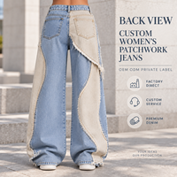 Jean large pour femme, patchwork bicolore, coupe irrégulière, bords effilochés, denim color block, pour un style urbain