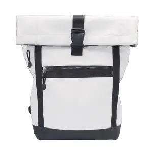 High Quality Custom Waterproof White PU Leather Roll Top Backpack Business Travel Computer Backpack For Men