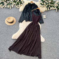 Ensemble deux pièces pour femmes, veste minimaliste à manches longues pour le trajet quotidien et robe longue fluide à taille haute, pour le printemps et l'automne
