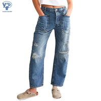 Jean baggy déchiré YUANBOFEI pour femme, coupe ample, denim délavé clair, grandes poches, jean bleu baggy de haute qualité