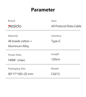 Kabel Data Yesido 1.2M Panjang 140W Pengisian Cepat Aluminium Alloy Tipe-C ke Tipe-C Semua Protokol CA212