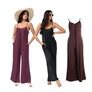 Summer Beachwear Silk Satin Wide Leg deep v neck women one piece designer playsuit Lingerie Rompers and Wholesale Cami Jumpsuit