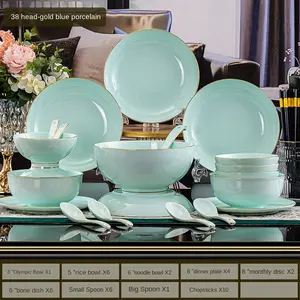 Hand-Painted Golden Edge Ceramic Tableware Set Household Bone China Celadon Bowl Plate Dish Soup Bowl-Europe Design Style