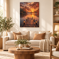 Tableau mural sur toile Coucher de soleil sur le lac d'automne, Décoration naturelle rustique, Échantillons OEM ODM prêts en moins d'une journée