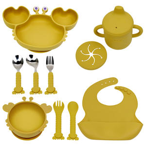 Assiette à repas pour tout-petits de couleur unie, vaisselle pour bébé, design mignon de crabe, plat avec cuillère et fourchette avec couvercle, logo personnalisé - Product Image 6