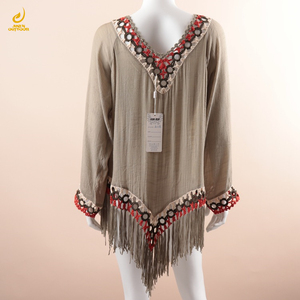 Europe et les états-unis nouvelle main crochet couture frange jupe de plage lâche crème solaire Blouse col en v femmes couvrir robe - Product Image 6