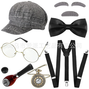 British Retro Hat Pipe Pocket <b>Watch</b> Suspenders Bow Tie Mustache Halloween Costume Props Men's Party <b>Set</b> - Product Image 1
