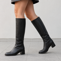Bottes en cuir noir sur mesure pour femmes, hauteur genou, bout carré, talon bloc, style équestre, petite quantité minimale de commande, vente en gros, usine de chaussures OEM