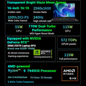 Laptop chơi game MSI Crosshair 16 <span class=keywords><strong>2025</strong></span> hoàn toàn mới, chip Ryzen 9 7945HX, card đồ họa RTX 5070, màn hình 16 inch 2.5K 240Hz, tốc độ làm tươi cao, bàn phím tiếng Anh, AMD. - Product Image 2