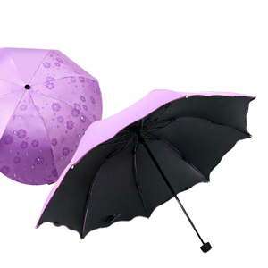 Factory Custom Logo Ad 8K 3Fold Manual Black Coating Cute Travel Umbrella Blossoms Water Changing Color Lady Rain Sun Protection