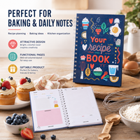 Carnet de recettes spirale personnalisé bleu marine avec couverture illustrée colorée sur le thème alimentaire, pages de planification de repas, impression de logo, vente en gros