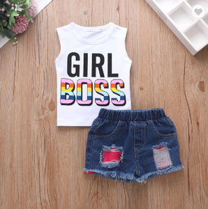 Dernière mode estivale de boutique, short en jean pour bébé <span class=keywords><strong>fille</strong></span>, vêtements pour enfants, ensembles de vêtements courts, costume décontracté pour enfants - Product Image 2