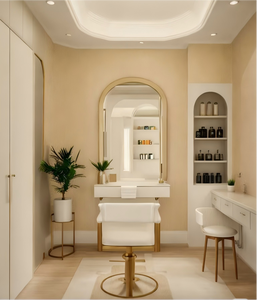 Cream Style Hair Salon Interior 3D Design Barbershop Styling Station Eco-Friendly Beauty Salon Furniture <b>LED</b> <b>Mirror</b> Custom Full - Product Image 5