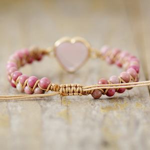 4mm Rhodonite Pink Crystal Heart Charm Bracelets Women Bohemia Yoga <b>String</b> Braided Lover Wrap Bracelet Handmade Jewelry Bracelet - Product Image 5