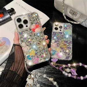 Luxury Design Glitter Diamond Songs Birds Scent Flowers Phone Case with Chain for iPhone 15 14 13 Pro Max