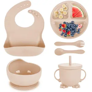 Toddlers Led Weaning Supplies 6pcs Baby Plate Spoon Fork Bib Bowl Water And Snack Cup Complete Silicone Feeding Set