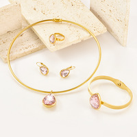 Ensemble de bijoux en acier inoxydable 316L : collier, boucles d'oreilles, bague et bracelet avec chaîne et zircon cubique rose en forme de goutte, pour femme, vente en gros, personnalisable OEM