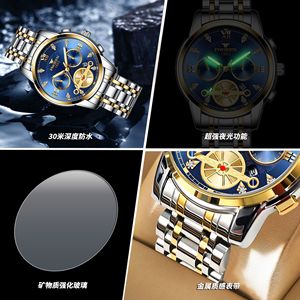Binbond Men's Mechanical Watch 4567 Blue Dial Gold Stainless Steel Bracelet Waterproof 30M Automatic Movement - Product Image 4