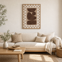 Peinture sur toile abstraite marron aux formes organiques et à carreaux, encadrée, grande taille, décoration murale moderne pour salon