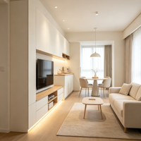 Mueble de TV de Techo a Piso en Blanco Ceniza, Fabricado a Medida, con Plataforma de Roble y LED, Estilo Muji para Sala de Estar, Proyectos Personalizados