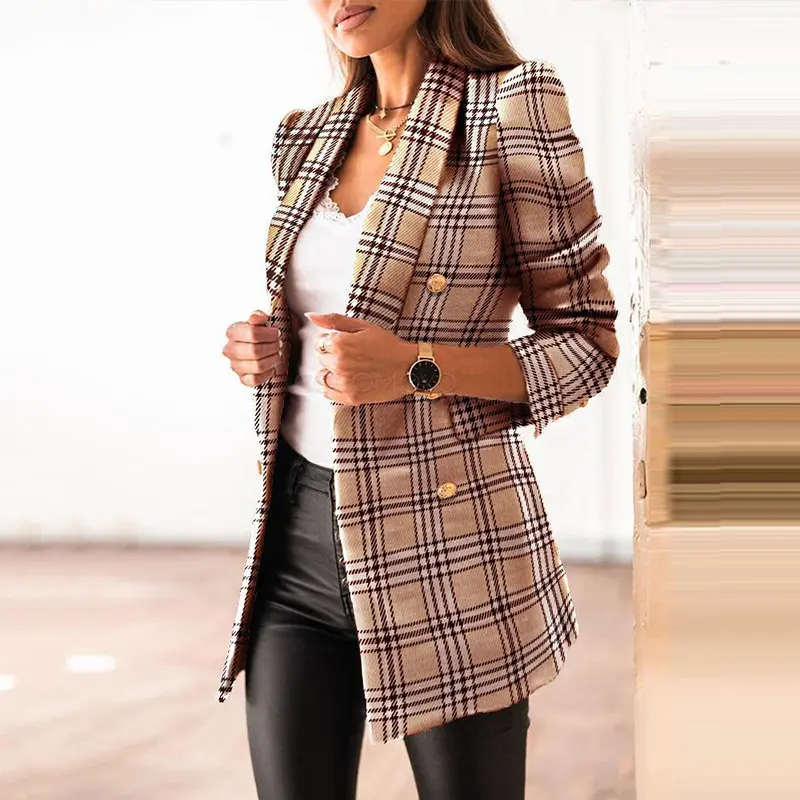 Traje de manga larga con doble botonadura para mujer, chaqueta pequeña estampada con cuello de solapa, abrigo a cuadros, novedad de 2021