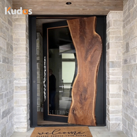 Puerta Principal de Entrada Pivotante de Aluminio Fundido para Villa de Lujo, Puerta de Entrada de Seguridad Moderna con Acabado en Madera y Vidrio