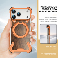 Fundas para Teléfono con Soporte Magnético de 360 Grados y Parte Trasera de Madera para iPhone 17 Pro Max, Marco de Aleación Metálica, Funda Protectora a Prueba de Golpes