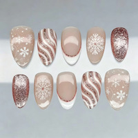 Lot de 30 faux ongles de Noël 3D en forme de flocon de neige, courts, en ABS, à presser, avec French manucure dorée et effet œil-de-chat, prêts à poser