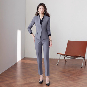 Women's Collarless Suit Set Long Sleeve Spring 2025 Hotel Uniform Gray Skirt Jacket Professional Workwear - Product Image 3