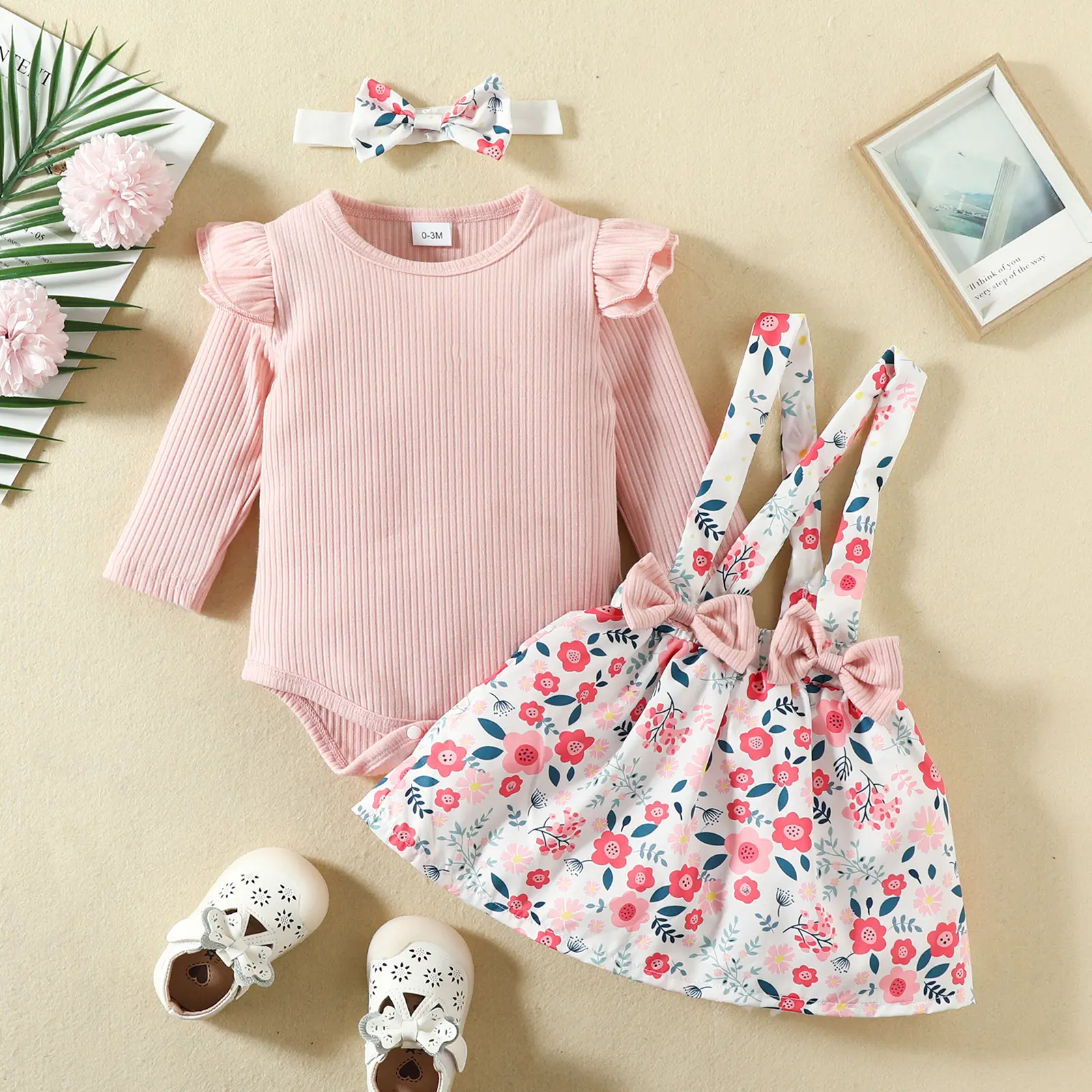 Autumn Baby Girl Two Piece Suit Fashion Long Sleeve Romper Floral Overall Dress Hairband Fall Spring Baby Sets